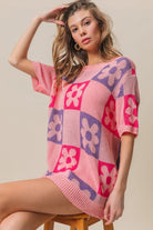 BiBi Pink Flower Checker Pattern Short Sleeve Sweater Pink Periwinkle Fuchsia Trendsi