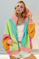 Preorder (4 Colors) Double Take Full Size Color Block Zip Up Hoodie Tiffany Blue
