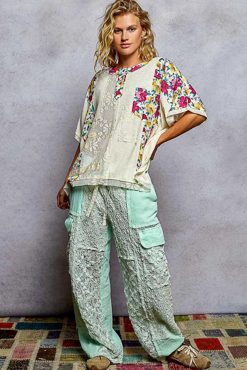 POL Natural Lace Round Neck Short Sleeve Floral Pattern Top with Patch Detail