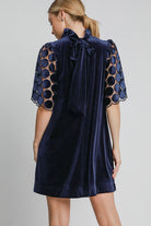 Umgee Navy Dotted Lace Half Sleeve Mock Neck Back Tie Velvet Dress Dresses