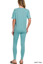 Zenana Dusty Teal Brushed Dty Microfiber Short Sleeve Top and Pants Loungewear Set