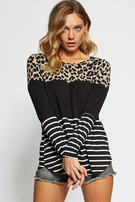 BiBi Leopard Color Block Striped Round Neck Long Sleeve Top Black