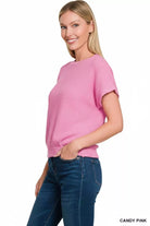 Zenana Round Neck Banded Botton Short Sleeve Sweater