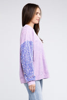 BiBi Periwinkle Velvet Sequin Sleeve Mineral Washed Top BiBi