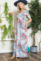 Celeste Light Blue Paisley Print Short Sleeve Maxi Dress with Pockets