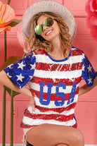 BiBi American Flag Theme USA Lettering Sequin Top