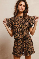 BiBi Leopard Print Waffle Texture Layered Ruffle Sleeve Top and Shorts Set
