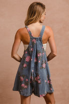 BiBi Dark Washed Flower Printed Wide Strap Denim Overalls