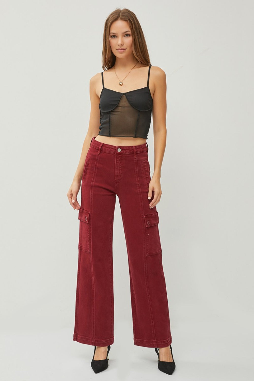 RISEN Wine Colored High Rise Wide Leg Cargo Jeans Trendsi