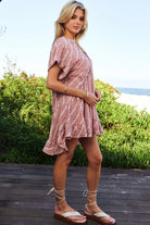 Davi & Dani Embroidery V Neck Short Sleeve Ruffled French Mauve Mini Dress