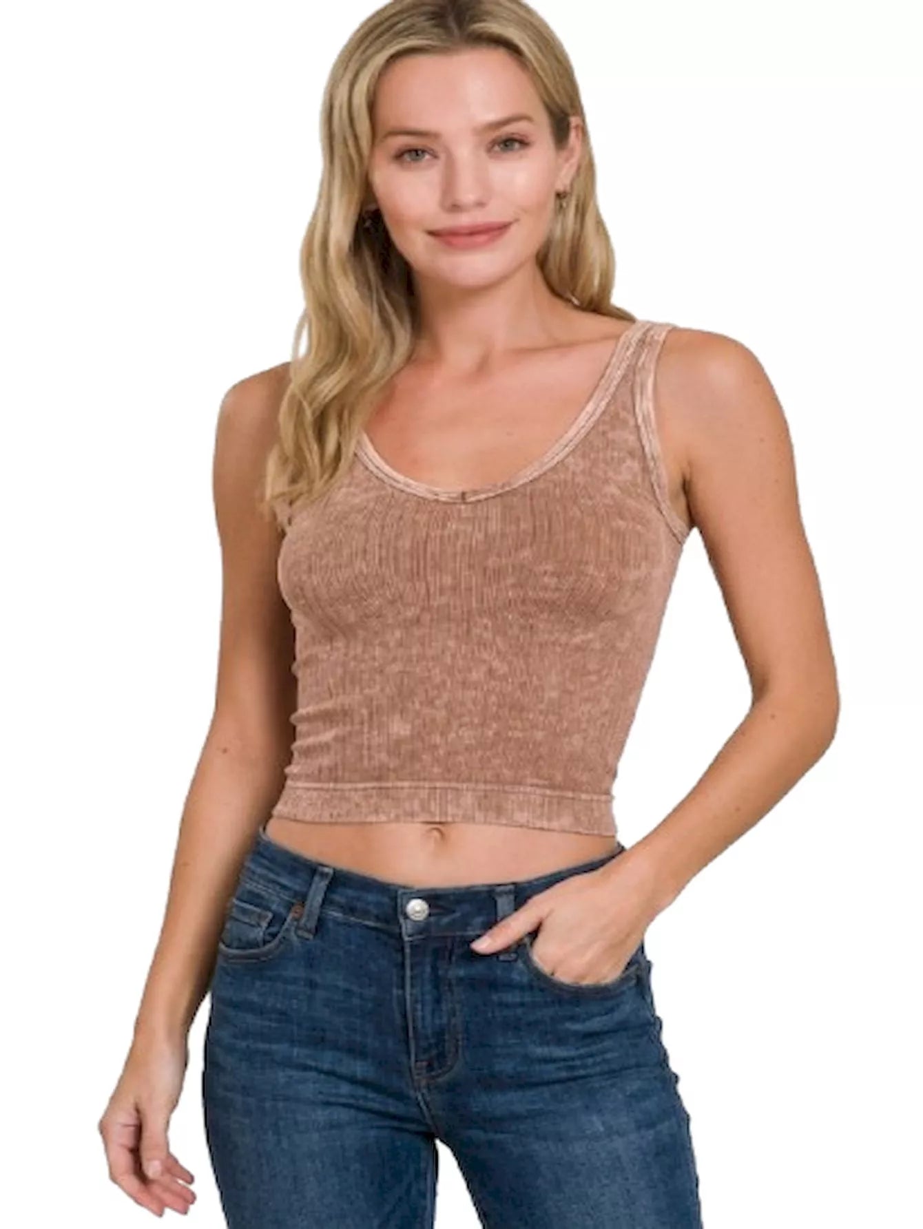 Zenana Deep Camel Washed Ribbed Seamless Cropped V-neck Tank Top