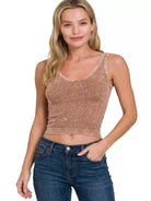 Zenana Deep Camel Washed Ribbed Seamless Cropped V-neck Tank Top