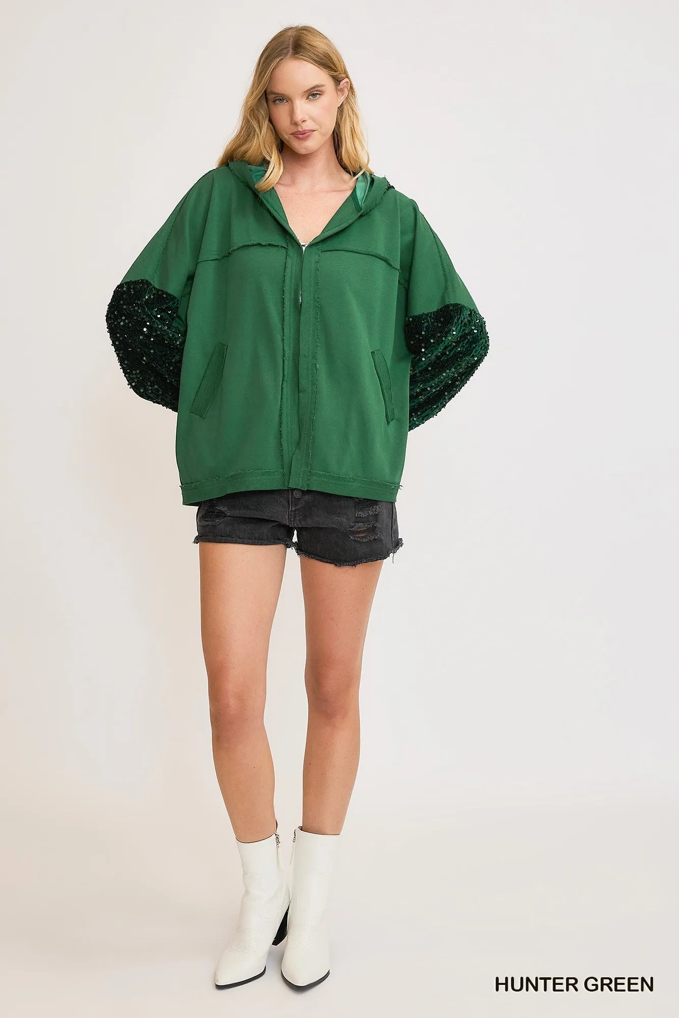 Umgee Hunter Green Sequined French Terry Hooded Jacket