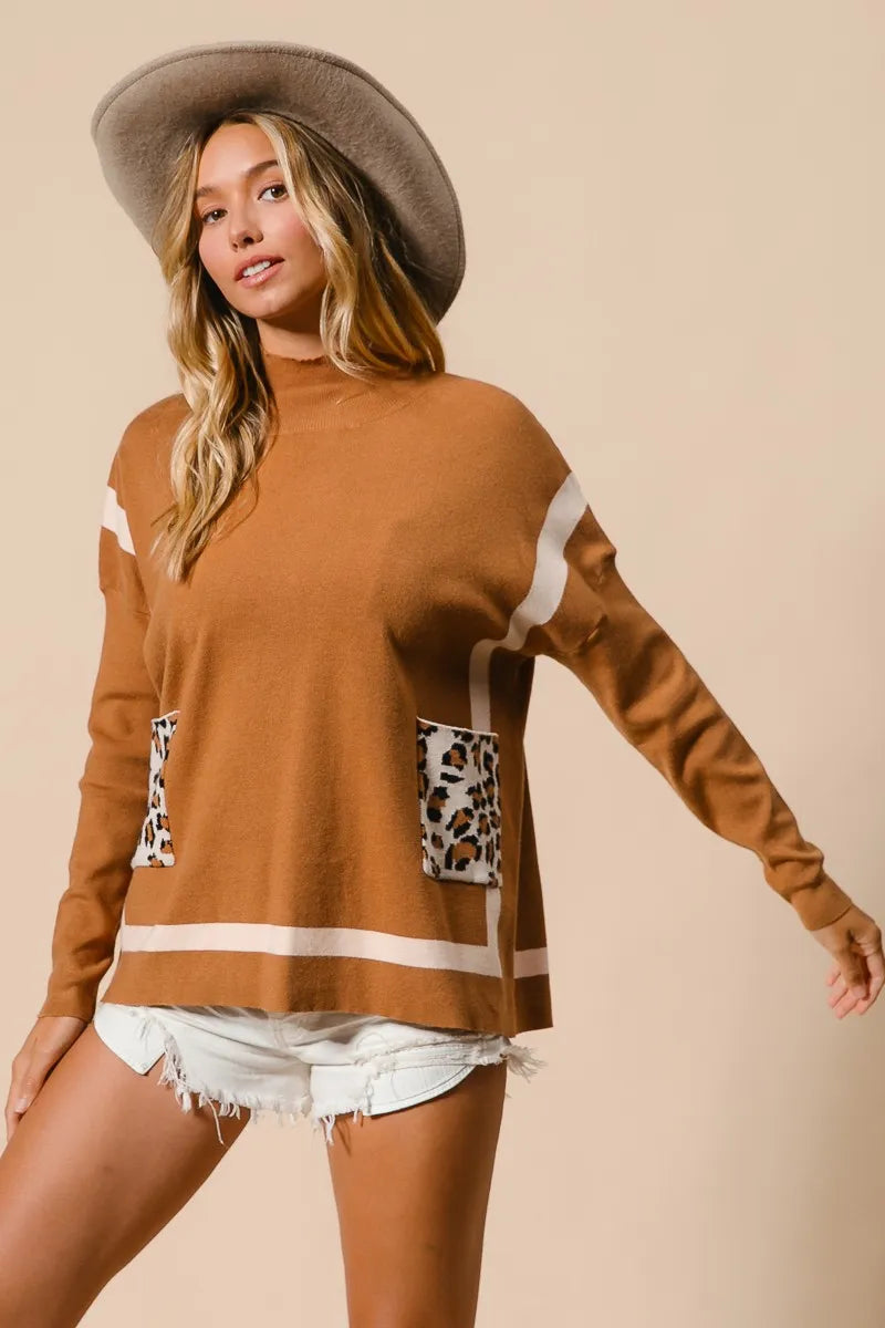 BiBi Camel Mock Neck Sweater with Leopard Pocket
