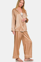 Zenana Brush Satin Long Sleeve Shirt and Pants Pajama Set Trendsi