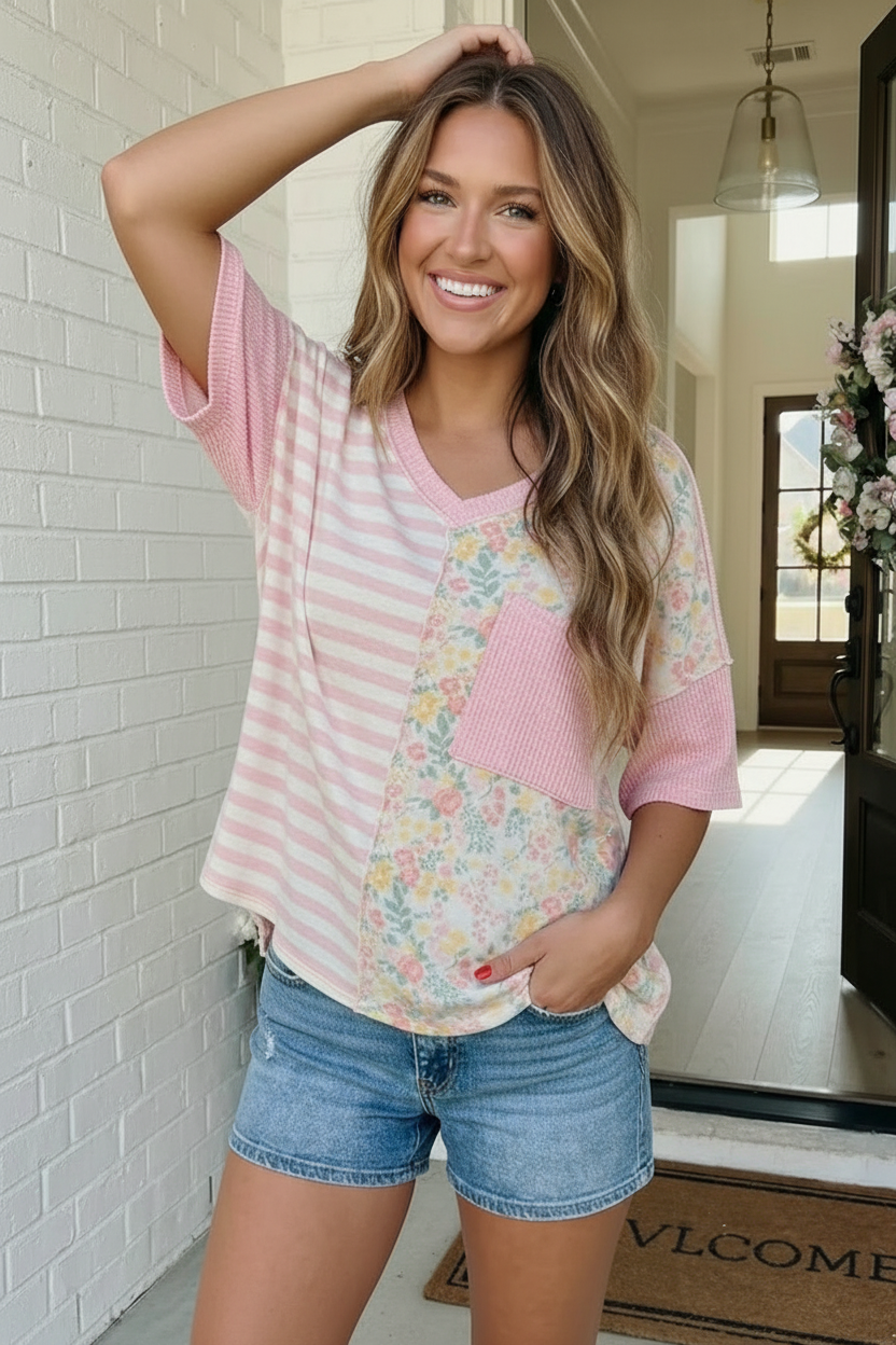 Haptics Pretty Darn Cute Mixed Print V-Neck Top