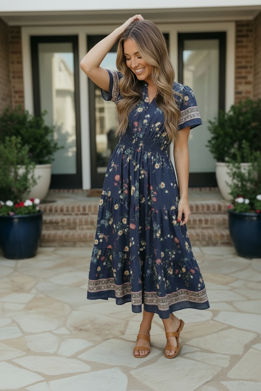 Haptics At the Summer Cottage Navy Floral Midi Dress