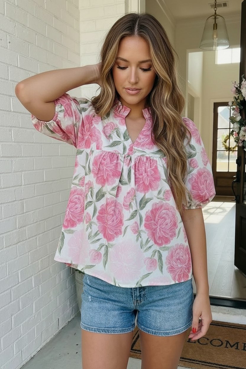 Haptics Painted Peony Puff Sleeve Blouse