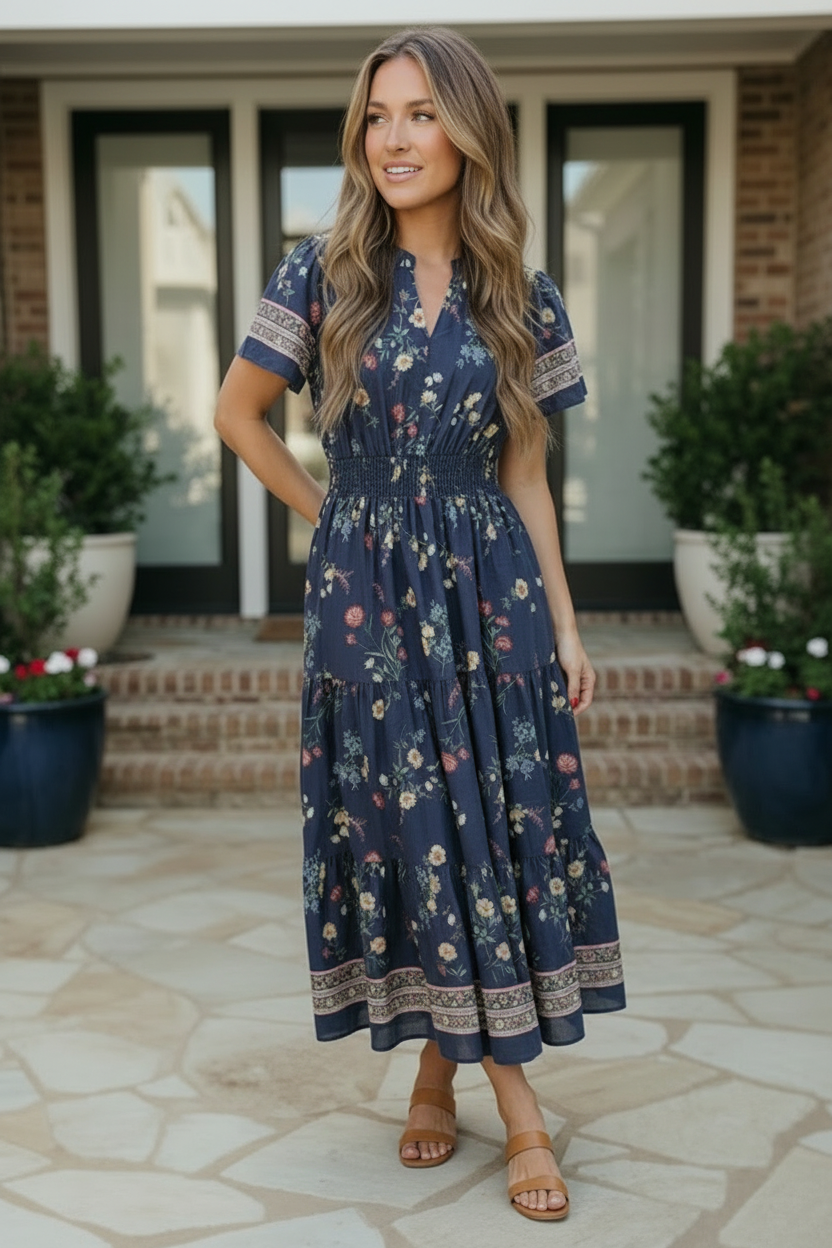 Haptics At the Summer Cottage Navy Floral Midi Dress
