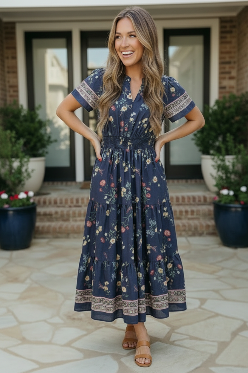Haptics At the Summer Cottage Navy Floral Midi Dress