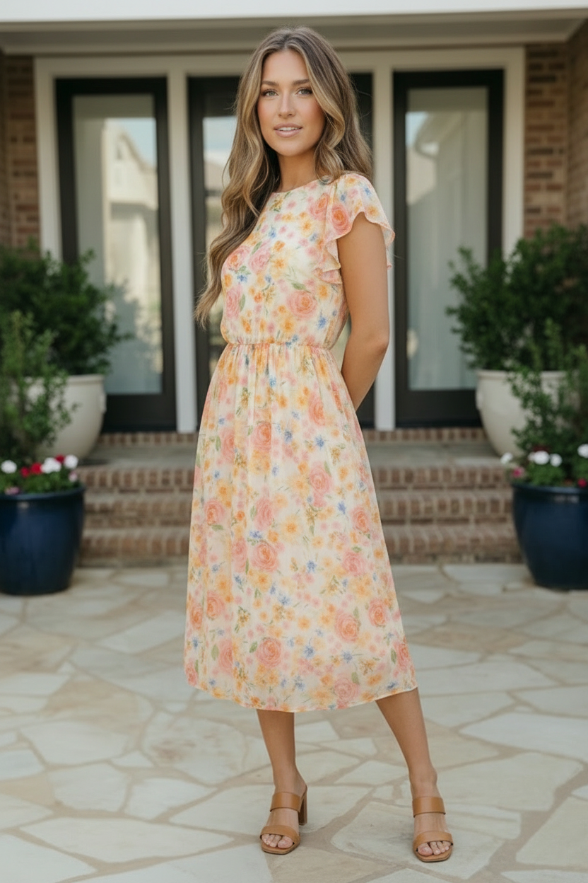 Haptics Watercolor Floral Flutter Sleeve Midi Dress