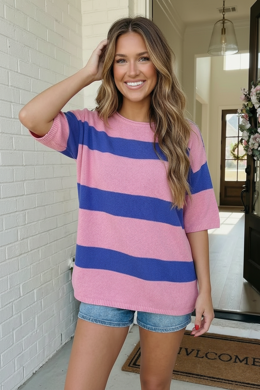 Haptics Skip the Line Pink and Blue Oversized Sweater Top