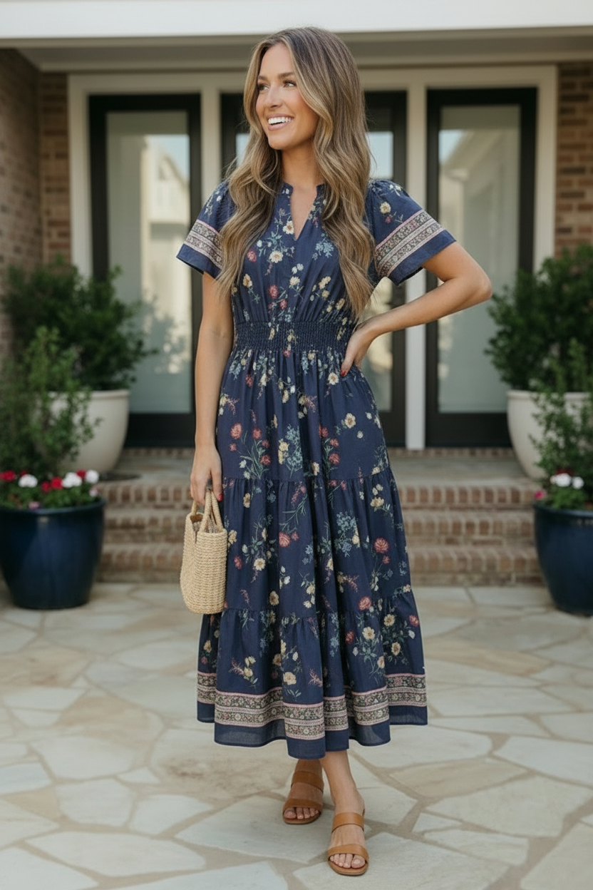 Haptics At the Summer Cottage Navy Floral Midi Dress