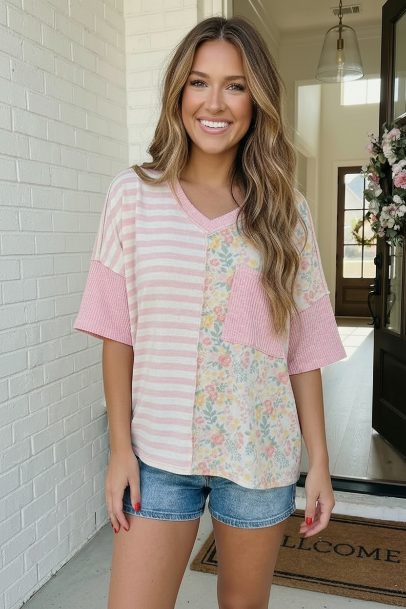 Haptics Pretty Darn Cute Mixed Print V-Neck Top