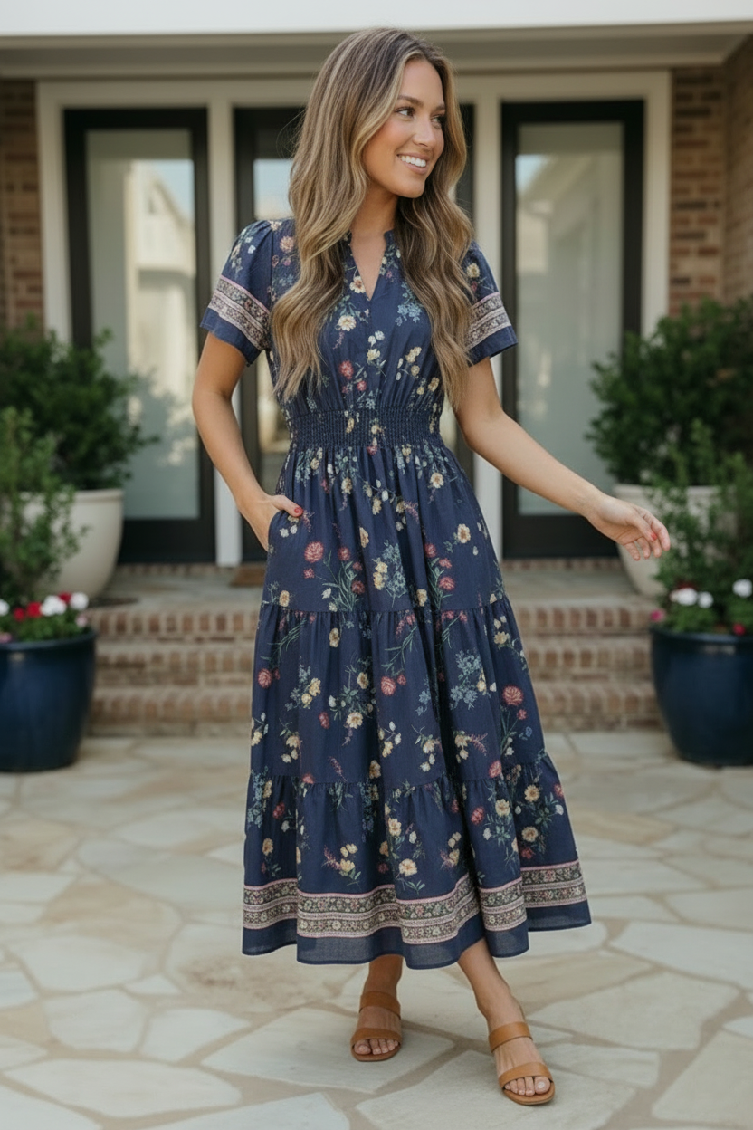 Haptics At the Summer Cottage Navy Floral Midi Dress
