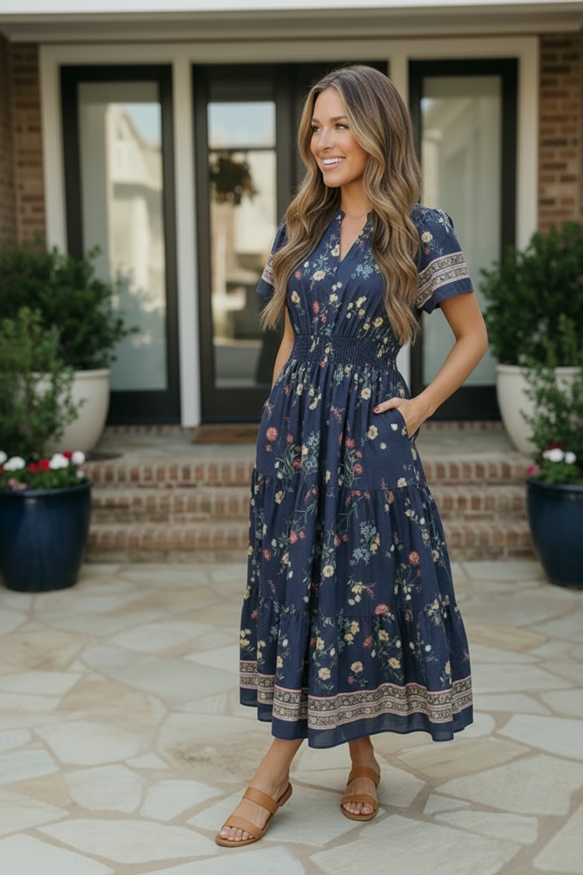 Haptics At the Summer Cottage Navy Floral Midi Dress