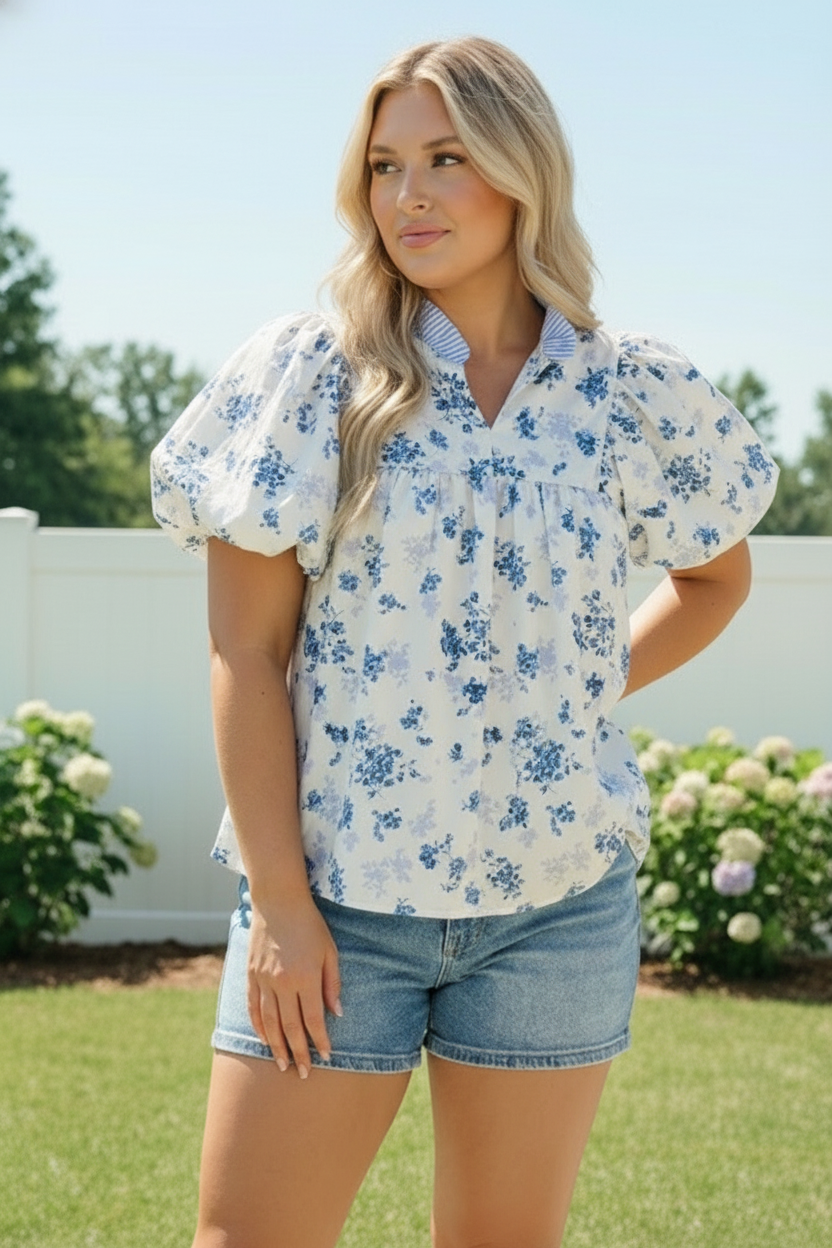 Haptics Sweet in Blue Floral Puff Sleeve Babydoll Blouse