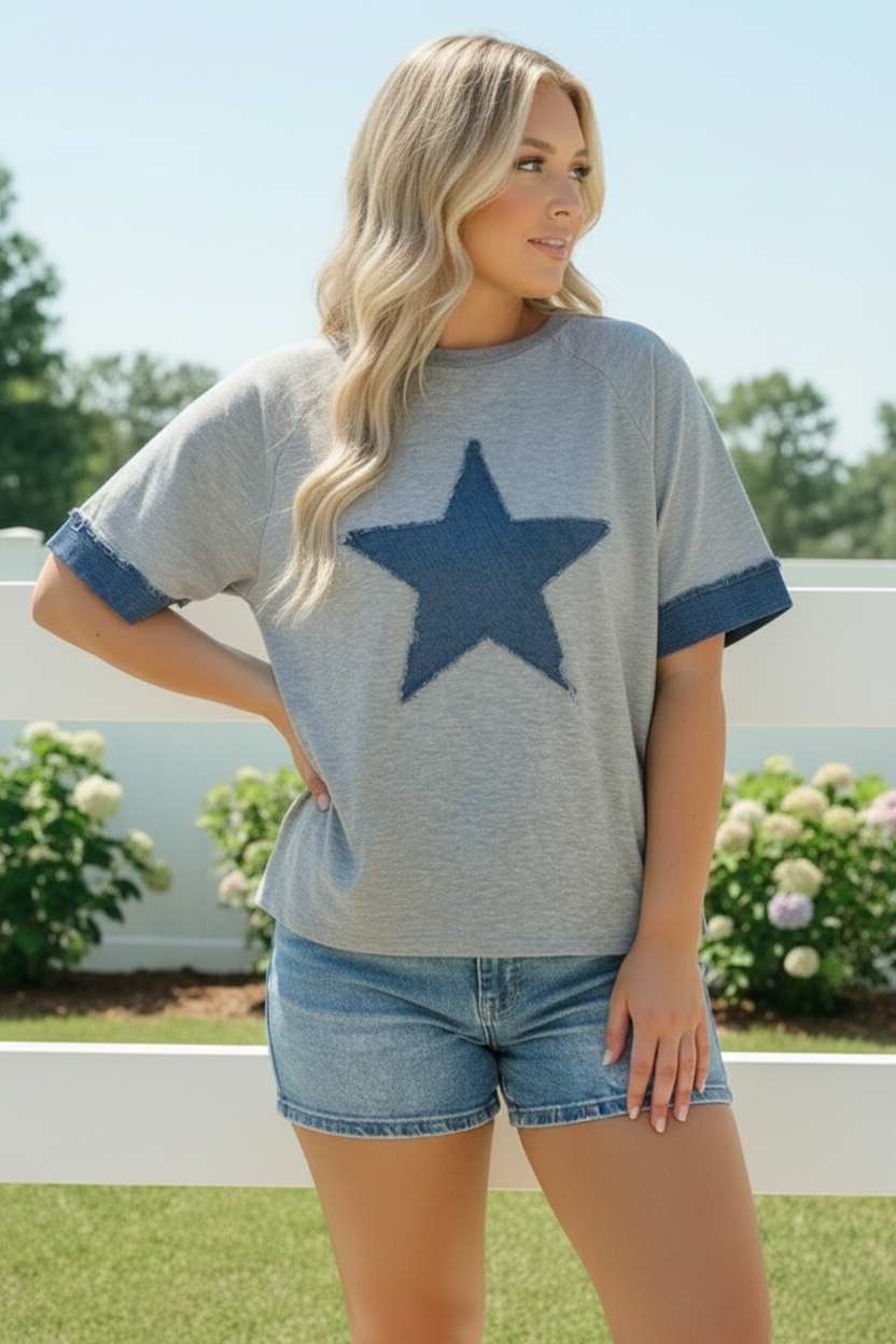 Haptics Reach For The Stars Denim Patch Sweatshirt Top