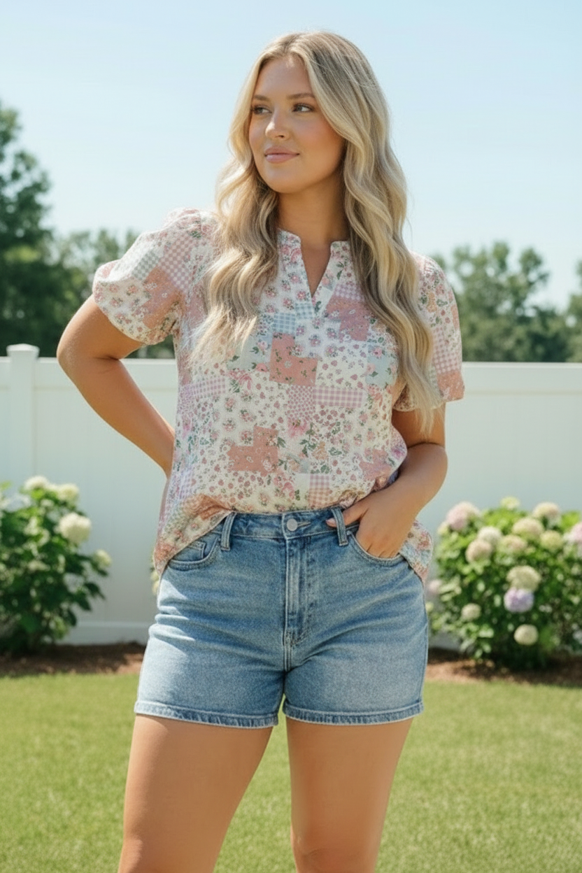 Haptics Patchwork Floral Puff Sleeve Blouse