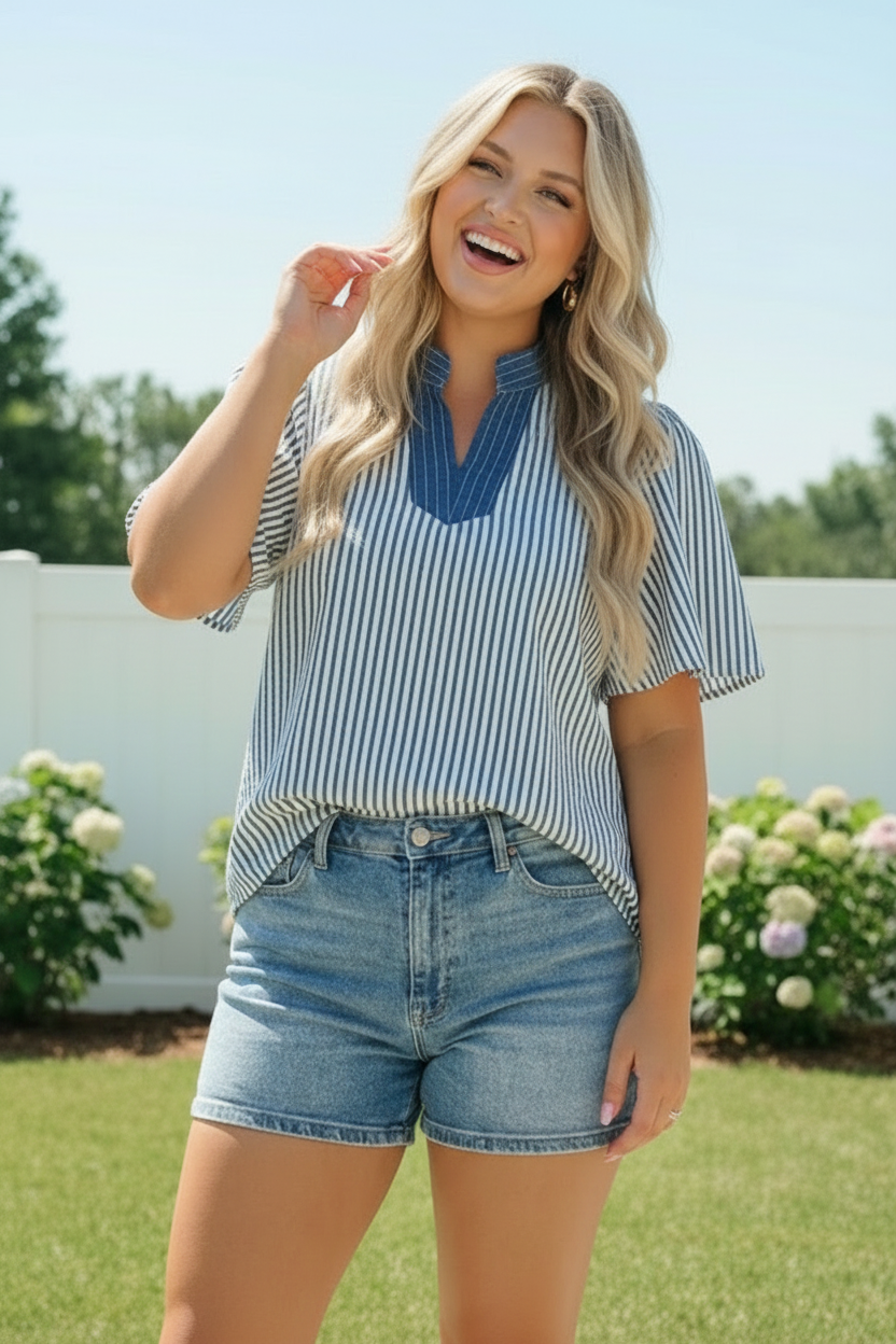 Haptics Breezy Stripe Flutter Sleeve Blouse