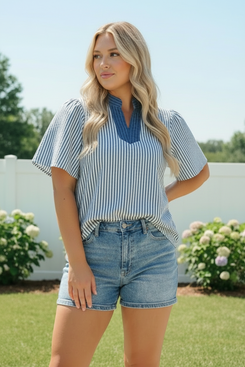 Haptics Breezy Stripe Flutter Sleeve Blouse