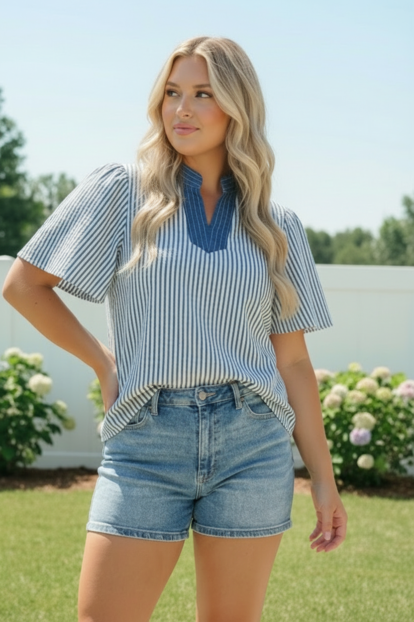 Haptics Breezy Stripe Flutter Sleeve Blouse