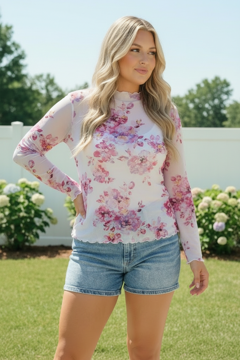 Haptics Garden Party Floral Mesh Long Sleeve Top