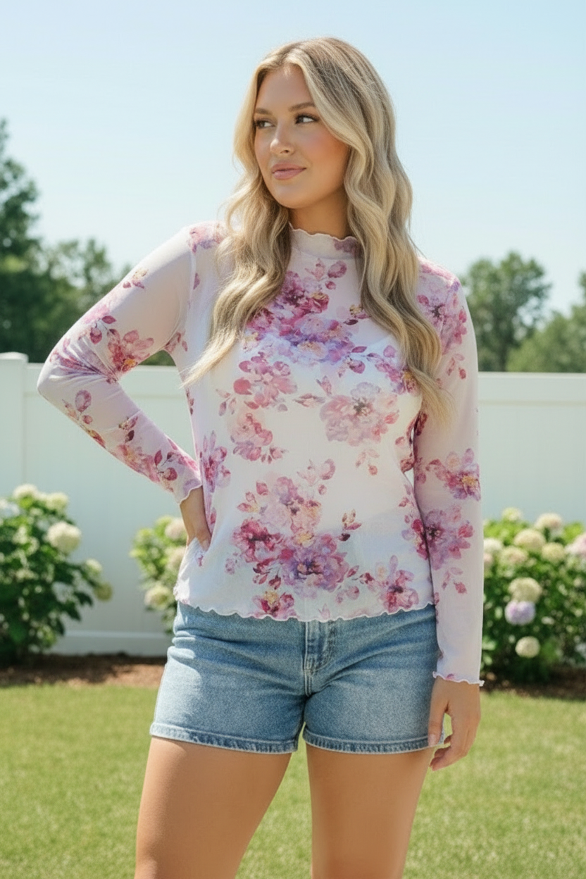 Haptics Garden Party Floral Mesh Long Sleeve Top