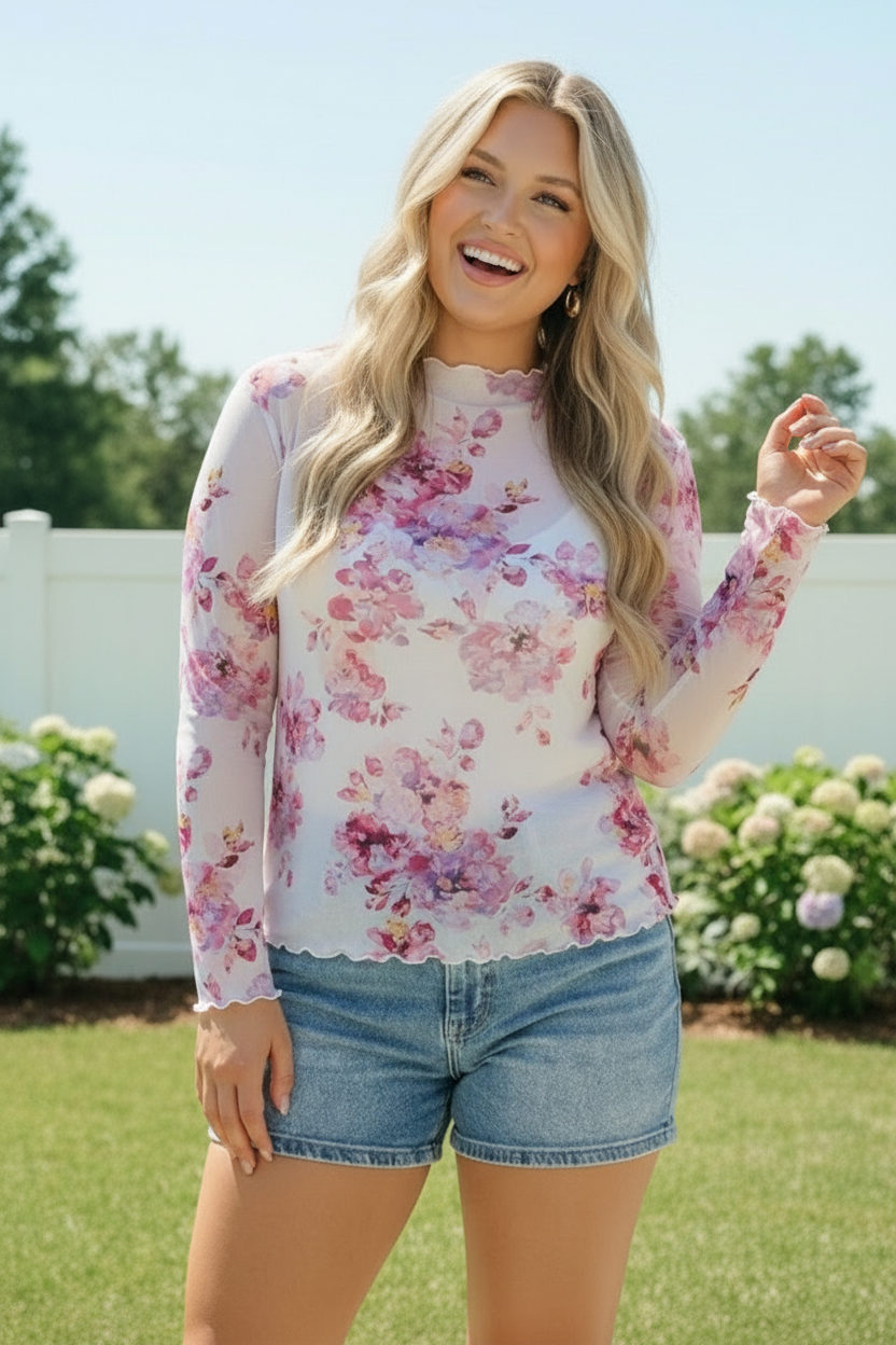 Haptics Garden Party Floral Mesh Long Sleeve Top