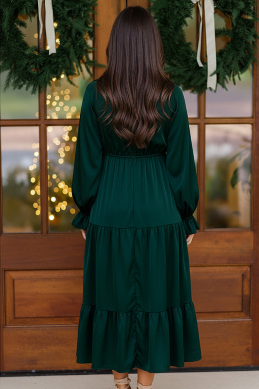 Haptics Hunter Green V NECK Satin Maxi Dress