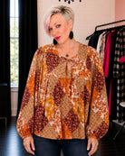 Haptics Autumn Patchwork Boho Blouse in Rust