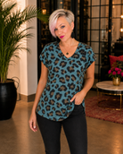 Haptics Wild at Heart Teal Leopard V-Neck Tee L