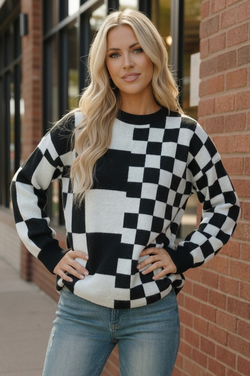 Haptics Black and White Checkerboard Color Block Oversized Sweater