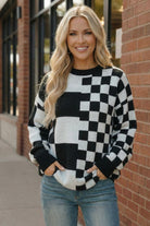 Haptics Black and White Checkerboard Color Block Oversized Sweater
