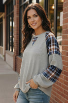 Haptics Gray & Navy Solid Thermal Knit Plaid Woven Loose Fit Sweater Top