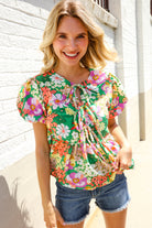 Haptics Green Floral Ribbon Tie Babydoll Top