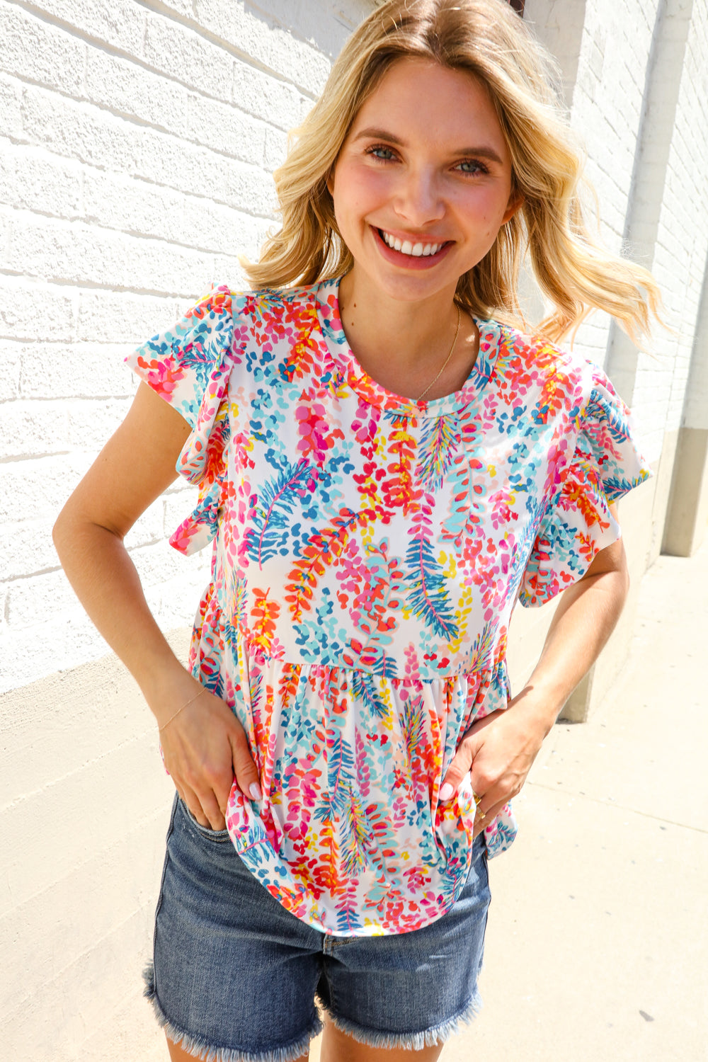 Haptics Ivory Floral Leaf Print Short Sleeve Babydoll Top
