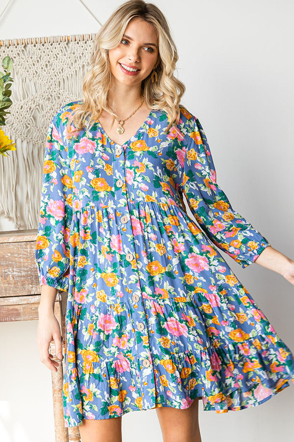First Love Cotton Floral Button Down 3/4 Sleeve Tiered Dress Large
