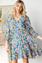 First Love Cotton Floral Button Down 3/4 Sleeve Tiered Dress Large