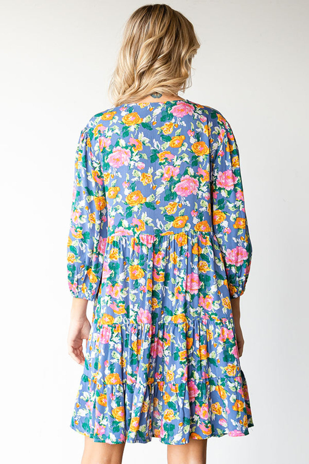 First Love Cotton Floral Button Down 3/4 Sleeve Tiered Dress